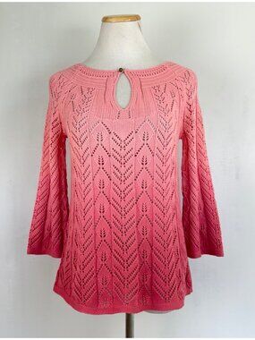 Talbots Knit Top Size P Petite NEW Pink Ombre Eyelet 100% Cotton 3/4 Sleeves